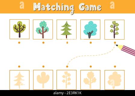 Find the correct shadow. Matching game with cute trees. Funny activity page for kids Stock Vector