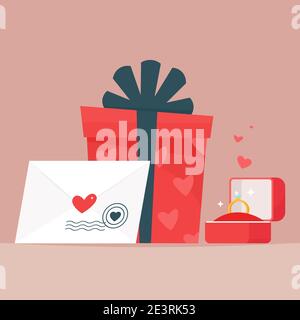 Present for a loved one on Valentine's Day - gift box, ring and envelope. Vector illustration in flat style Stock Vector