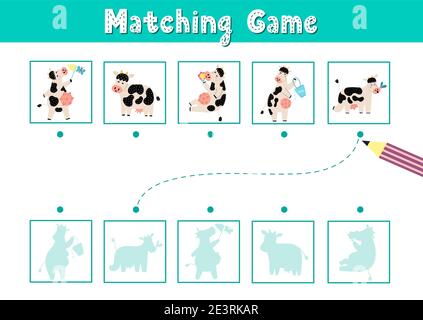 Find the correct shadow matching game with cute cows. Funny activity page for kids Stock Vector