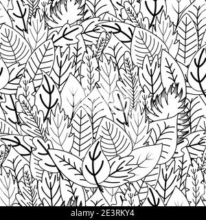 Doodle leaves seamless pattern. Whimsical plants coloring page. Black and white floral print Stock Vector