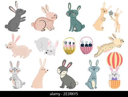 Cute rabbits clipart set. Funny bunny graphic collection for kids Stock Vector