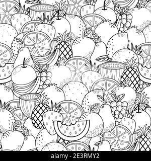 Doodle fruits black and white seamless pattern. Healthy food coloring page Stock Vector