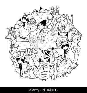 Circle shape coloring page with woodland animals. Black and white print Stock Vector