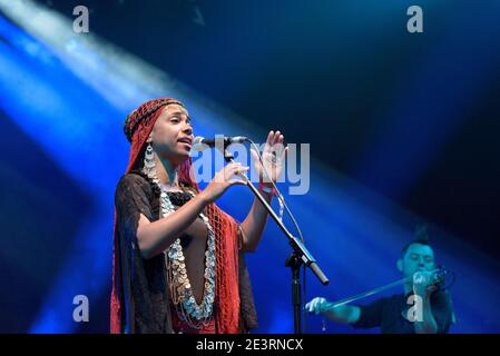 Hend El Rawy of Orange Blossom performing at the Womad Festival, Charlton Park, UK. July 24 2015 Stock Photo