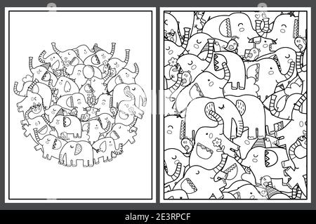 Coloring pages set with cute elephants. Doodle safari animals templates Stock Vector