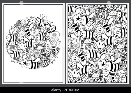 Coloring pages set with cute bees. Doodle insects templates for coloring book Stock Vector