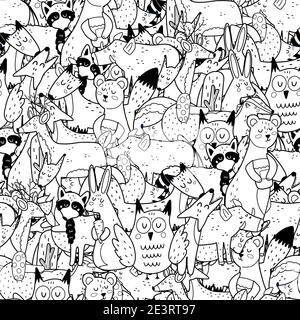 Cute forest animals black and white seamless pattern. Doodle coloring page Stock Vector