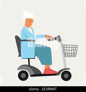 Granny old woman on wheelchair electric scooter in flat style. Happy retirement for disabled people. Stop ageism. Active senior mobility Stock Vector