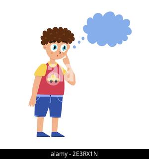 Cute curious boy is thinking. Little kid surprised with speech bubble isolated element Stock Vector
