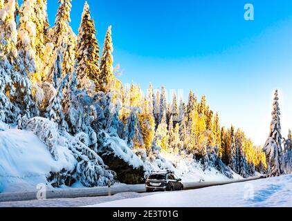 Car driving on an icy road running through a snow covered forest. Stock Photo