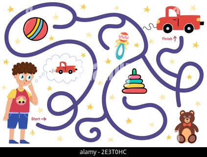Help the boy find path to the toy car. Choose the correct way maze puzzle for kids Stock Vector