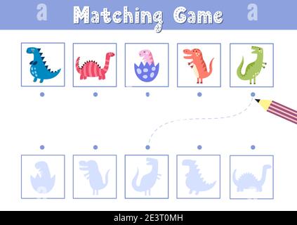 Find the correct shadow matching game with cute dinosaurs. Funny activity page for kids Stock Vector
