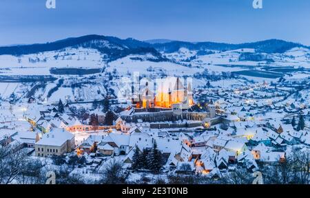 Biertan, Romania. Winter in the Saxon village. Unesco World Heritage Site in Transylvania. Stock Photo