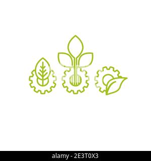 set of green line mechanical gears with green leaves. Linear icons isolated on white background. Eco friendly technology icon. World Environment day l Stock Vector