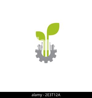 Mechanical gear and three green leaves. Isolated on white background. Eco friendly technology icon. World Environment day label. Bio technology. Vecto Stock Vector