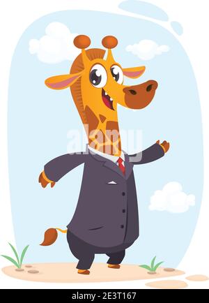 Cartoon giraffe dressed up in office suit presenting. Vector art illustration. Giraffe businessman wearing jacket or blazer Stock Vector