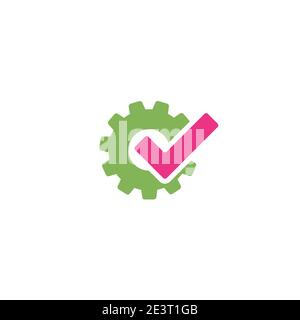 Green gear with pink tick icon. Vector flat illustration for technology or innovation. Stock Vector