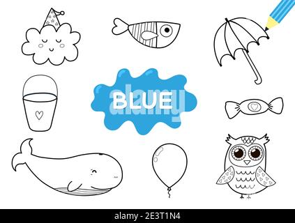 Color the elements in blue. Coloring page for kids. Educational material Stock Vector