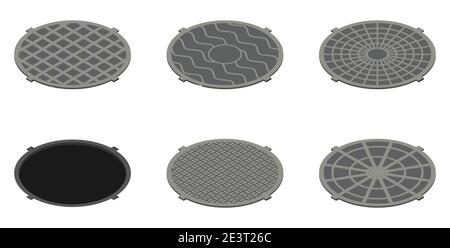 Set of isometric sewer hatches with different design isolated on white background Stock Vector