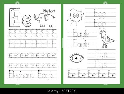 Letter E. Tracing practice worksheet set. Learning alphabet activity page Stock Vector