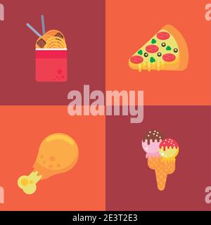 bundle of four street fast food set icons vector illustration design Stock Vector
