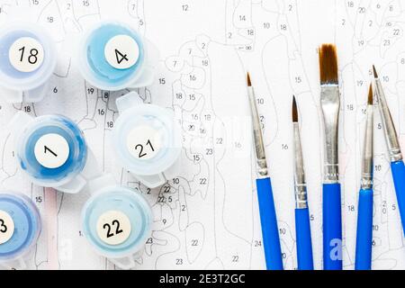 The artist's brush and multi-colored paint for painting on the coloring by numbers top view of the table Stock Photo