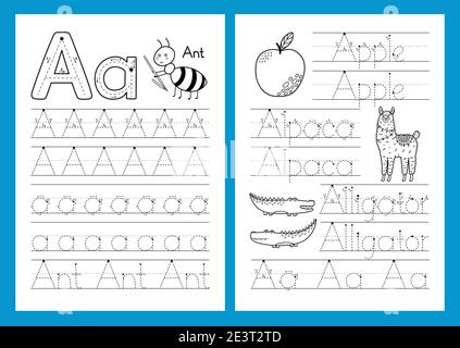 Letter A educational worksheets set. Trace the alphabet activity page Stock Vector