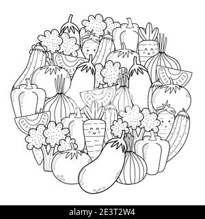 Circle shape coloring page with doodle vegetables. Eco food black and white print for coloring book Stock Vector