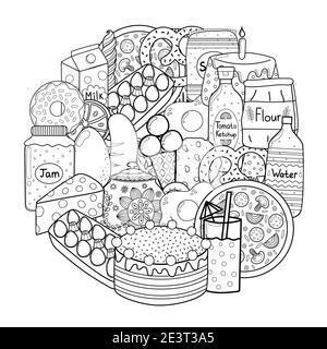 Circle shape coloring page with doodle food. Black and white outline background Stock Vector