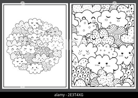 Coloring pages set with cute clouds. Doodle cosmic characters templates for coloring book Stock Vector