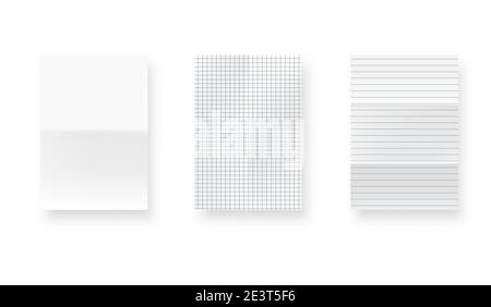 Realistic blank lined paper sheet with shadow in A4 format isolated on gray background collection. Notebook or book page. Design template or mockup. V Stock Vector