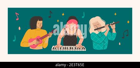 Girls play musical instruments - flute, ukulele, piano. Musical girl-band concept. Women musicians. Vector illustration of trending characters in flat Stock Vector