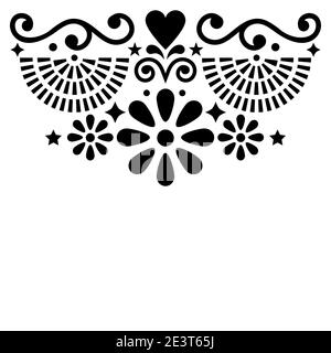 Mexican folk art vector greeting card or invitation design, black and white pattern with flowers and geometric shapes Stock Vector