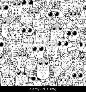 Cute owls black and white seamless pattern. Doodle coloring page with funny forest animals Stock Vector