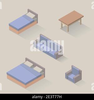 Vector isometric set of bedroom furniture. Bed, armchair, sofa, wooden table, double bed, made in soft colors with drop shadows. Stock Vector