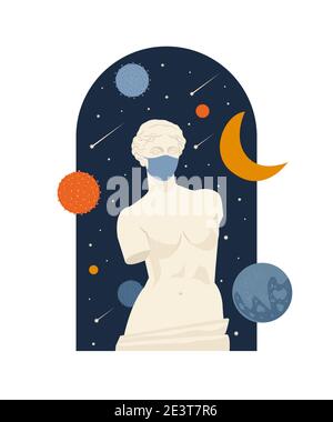 Female Antique statue. Museum of the pandemic lockdown covid time in coronavirus. A woman without hands. Mythical, ancient greek style. Hand drawn Vec Stock Vector