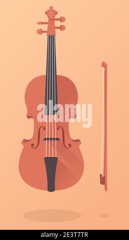 An old vintage brown violin with a bow. Fiddle in 3D cartoon style on orange background. A classic string musical instrument. Stock Vector