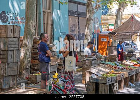 Uruguayan farmers selling fruit and vegetables at market in the city centre of Montevideo, capital of Uruguay Stock Photo