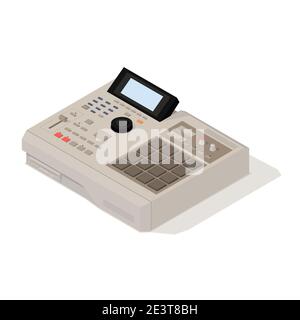 Vector old school 90s drum machine in isometric 3D style. Retro digital musical instrument for hip-hop producers and beatmakers. Stock Vector