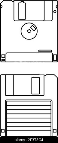 2 sides of an old technology floppy disc isolated on white background. Data storage vector linear outline icons. Stock Vector