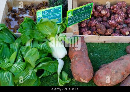 RENNES, FRANCE -2 JAN 2021- View of crates of fresh vegetable with the label Agriculture Biologique (organic) at the Marche des Lices in the Brittany Stock Photo