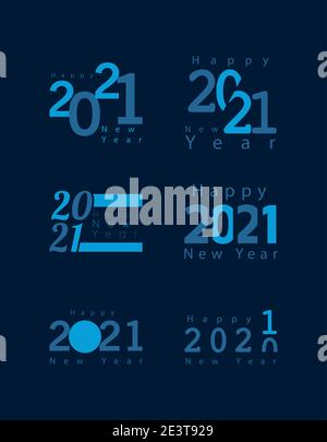 bundle of six happy new year celebration letterings in blue background vector illustration design Stock Vector