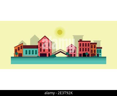 Flat vector illustration of little town with the water and the bridge in the center. Stock Vector