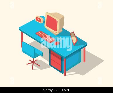 Isometric work table vector illustration with computer, calendar, clock. Stock Vector
