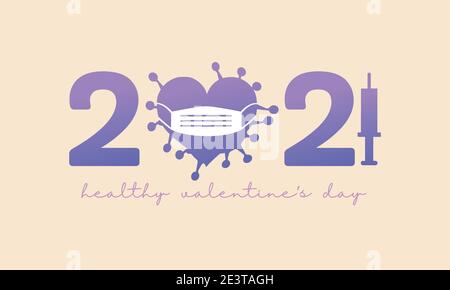 Happy Valentine day 2021 during Coronavirus pandemic. A cute Covid bacteria character wearing face mask and syringe with love shot with hearts on Stock Vector