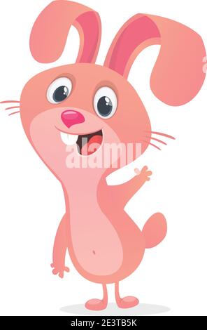 Cartoon Pink Bunny Rabbit waving hand. Vector illustration. Isolated Stock Vector