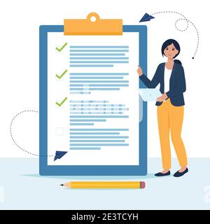 Concept of planning schedule for goal achievement. To do list, time management. Woman is standing near large to do list. Flat vector illustration Stock Vector