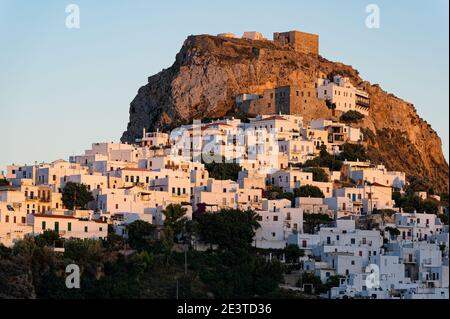 Distant view of Skyros town or Chora, the capital of Skyros island in Greece at sunset Stock Photo