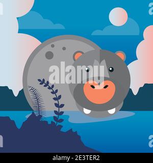 hippo wild animal in the river nature character vector illustration design Stock Vector