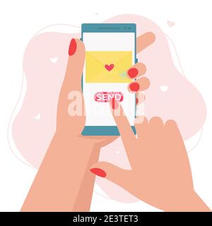 Send love email notification on mobile phone. Hand hold smartphone with love envelope. Flat vector illustration Stock Vector